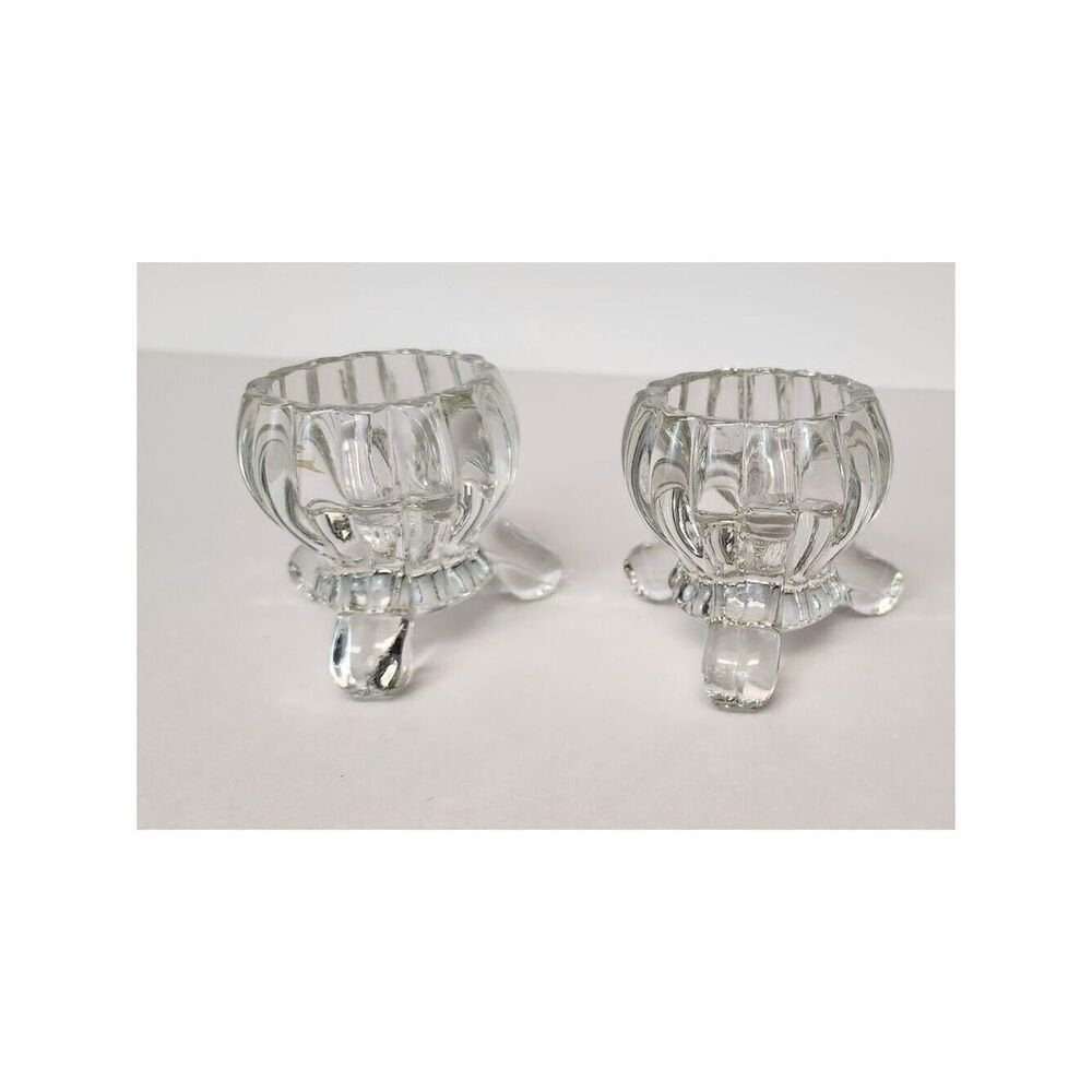 VTG 1950's Jeannette Clear Crystal Three Toe Candle Holder Set Taper & Votive